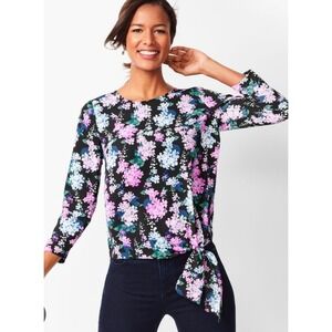 Talbots Floral Side Tie Blouse XLP Black Purple Hydrangea 3/4 Sleeve Top